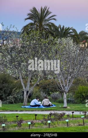 Zwei junge Frauen sitzen auf einem Rasen in einem öffentlichen Park. Stockfoto
