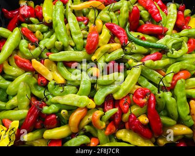 Bunte Mischung aus roten und grünen Chilischoten in verwendet Zubereitung scharfer Speisen Stockfoto