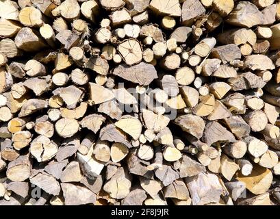 Holzstücke zum Brennen in einem Holzschuppen gestapelt Stockfoto