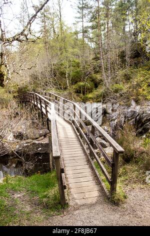 Eine Holzfußbrücke über den Fluss Affric, die durch den dichten Wald von Glen Affric, Schottland, fließt Stockfoto