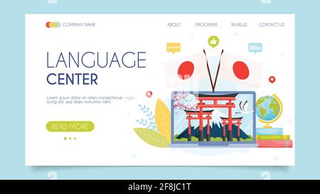 Japanisches Sprachzentrum. Online-Schule. Landing-Page-Konzept. Flaches Design, Vektorgrafik. Stock Vektor