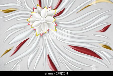 3d Wandbild Tapete Dekoration abstrakte fraktale fantastische goldene Blume. Grau und rote Farbe auf hellgrauem Hintergrund Stockfoto