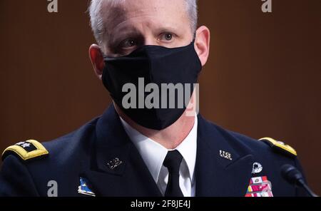 Washington, Usa. April 2021. Der Direktor der Defense Intelligence Agency (DIA), Generalleutnant Scott Berrier, bezeugte am 14. April 2021 während einer Anhörung des Senats Select Committee on Intelligence über weltweite Bedrohungen auf dem Capitol Hill in Washington, DC. Pool Foto von Saul Loeb/UPI Kredit: UPI/Alamy Live News Stockfoto