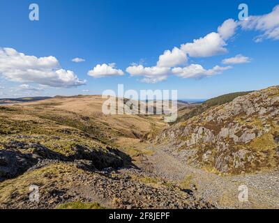 Blick auf das Gebiet um den Stausee Nant y Moch in Ceredigion, Mitte Wales. Stockfoto