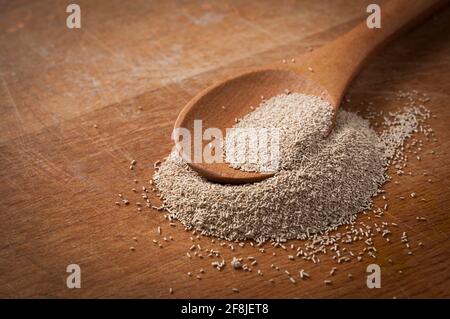 Teelöffel voll Instant Hefe auf Holz Schneidebrett Stockfoto