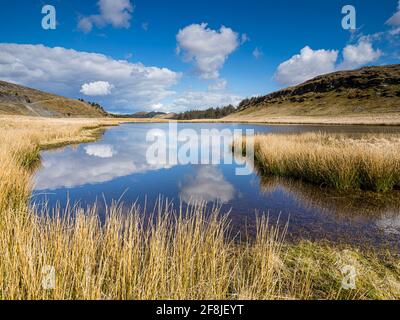 Blick auf das Gebiet um den Stausee Nant y Moch in Ceredigion, Mitte Wales. Stockfoto