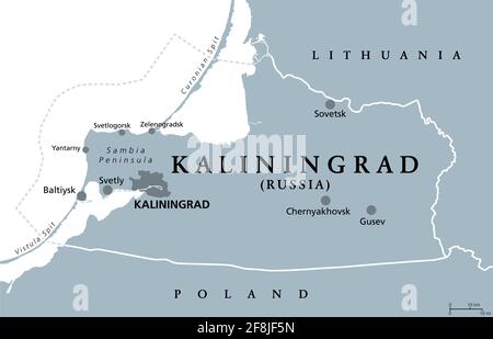 Region Königsberg, graue politische Landkarte. Das Gebiet von Königsberg, föderales Subject und Halbenklave Russlands, liegt an der Küste der Ostsee. Stockfoto
