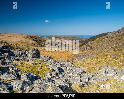 Blick auf das Gebiet um den Stausee Nant y Moch in Ceredigion, Mitte Wales. Stockfoto