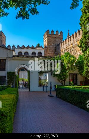 SEVILLA, SPANIEN, 25. JUNI 2019: Weg zum Haupthof des echten alcazar de Sevilla in Spanien Stockfoto