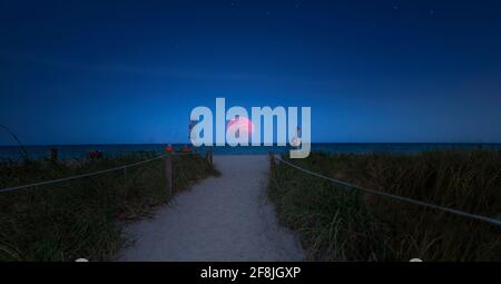 Bei Lauderdale am Meer steigt ein Vollmond über dem Atlantik auf. Stockfoto