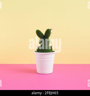 Grüner osterhase mit Blumen im Blumentopf auf Vibran verziert Stockfoto