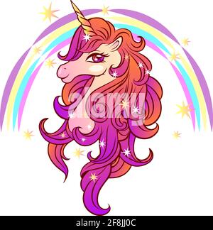 Niedliches magisches Einhorn mit Sternen und Regenbogen. Vektordarstellung eines Einhornkopfes. Romantische Handzeichnung Illustration für Kinder. Stock Vektor