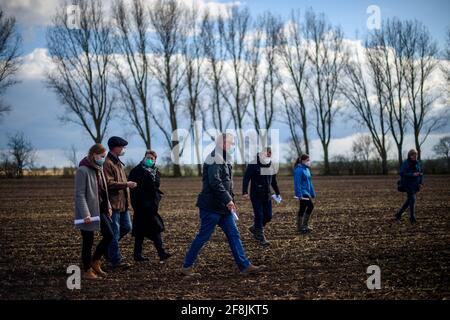 14. April 2021, Sachsen-Anhalt, Uhrsleben: Claudia Dalbert (3vl, Bündnis 90/die Grünen), Ministerin für Umwelt, Landwirtschaft und Energie des Landes Sachsen-Anhalt, spaziert mit Vertretern der Kulturlandschaftsstiftung Sachsen-Anhalt, Bauernverbänden und Medienvertretern über ein Feld, auf dem ein Erbsenfenster gepflanzt wurde. PEA-Fenster sind Flächen von jeweils 1600 Quadratmetern, die mit Erbsen bepflanzt und für einen bestimmten Zeitraum ungestört bleiben. Der Umweltminister des Landes besuchte das Pilotprojekt, das seit dem 01. Januar 2020 von der Founda initiiert wurde Stockfoto