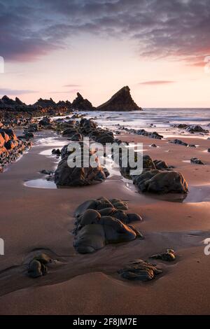 Der exponierte Strand bei Ebbe am Hartland Quay in der North Devon Coast National Landscape bei Sonnenuntergang, England. Stockfoto