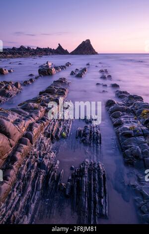 Der exponierte Strand bei Ebbe am Hartland Quay in der North Devon Coast National Landscape in der Abenddämmerung, England. Stockfoto