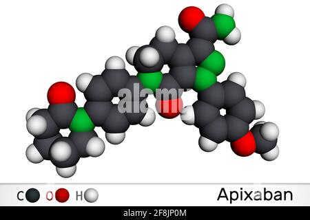 Apixaban-Molekül. Es ist Pyrazolopyridin, Antikoagulans und direkter Inhibitor des Faktors Xa, der verwendet wird, um das Risiko von venösen Thrombosen zu verringern. Mo Stockfoto