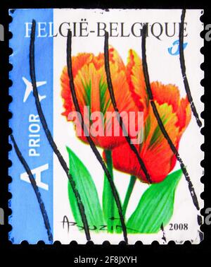 MOSKAU, RUSSLAND - 7. OKTOBER 2019: Die in Belgien gedruckte Briefmarke zeigt den Favoriten von Tulip Orange, Selfadh. Top Imperforate, Blumen Serie, um 2008 Stockfoto