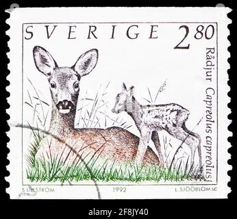 MOSKAU, RUSSLAND - 7. OKTOBER 2019: In Schweden gedruckte Briefmarke zeigt Roe Deer (Capreolus capreolus) und Rehkitz, Europäische Wildlife-Serie, 2.80 kr - SW Stockfoto