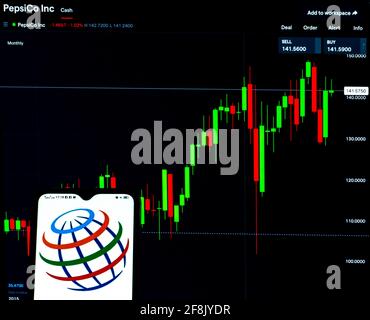 Ukraine. April 2021. In dieser Abbildung ist ein Logo von PepsiCo Inc. Zu sehen, das auf einem Smartphone mit den Börseninformationen von PepsiCo Inc. Im Hintergrund angezeigt wird. (Foto von Igor Golovniov/SOPA Images/Sipa USA) Quelle: SIPA USA/Alamy Live News Stockfoto