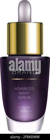 Nachtkosmetikserum für die Gesichtspflege, realistischer Vektor. Violette Glasflasche mit Pipette und belebenden Produkt, isoliert auf weißem Hintergrund. Markendesign für Premium-Kosmetik, Anti-Age-Serum Stock Vektor