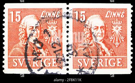 MOSKAU, RUSSLAND - 7. OKTOBER 2019: Zwei in Schweden gedruckte Briefmarken zeigen Professor Doktor von Linne (1707-1778) Arzt und Botaniker, Royal Acad Stockfoto