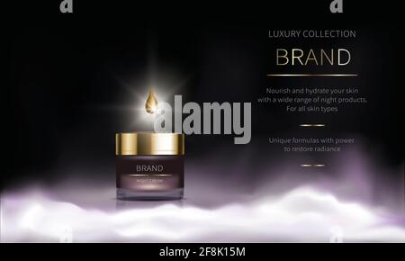 Nachtkosmetikprodukt für die Gesichtspflege, realistischer Vektor. Purpurnes Glas Gesichtscreme und flüssiger goldener Tropfen belebenden Serums. Kosmetik steht auf weißer, flauschiger Wolke oder Nebel auf dunklem Hintergrund Stock Vektor