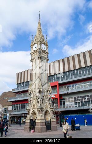 LEICESTER, ENGLAND- 3. April 2021: Foto des Uhrturms des Leicester Haymarket Memorial Stockfoto
