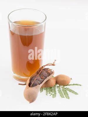 Tamarindensaft in einem Glas, umgeben von frischen reifen Tamarinden - Tamarindus indica Stockfoto