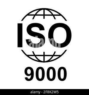 ISO 9000-Symbol. Symbol für Standardqualität. Vektor-Taste auf schwarzem Hintergrund isoliert. Stock Vektor