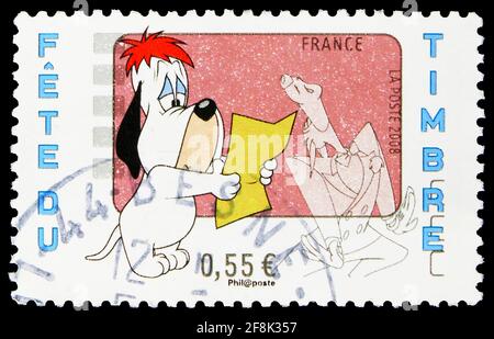 MOSKAU, RUSSLAND - 7. OKTOBER 2019: Briefmarke gedruckt in Frankreich zeigt Stamp Day - Droopy Dog, Stamp Festival Serie, 0.55 - Euro, um 2008 Stockfoto