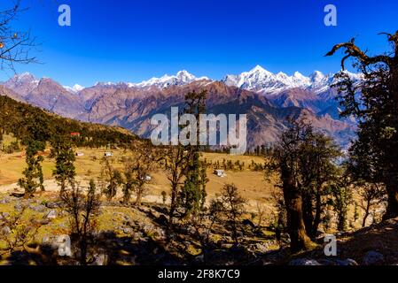 Faszinierender Blick auf schneebedeckten Panchchuli-Gipfel fällt in großen Himalaya-Gebirge und alpine Graswiesen im kleinen Weiler Munsiyari, Kumaon r Stockfoto