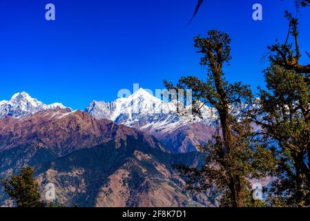 Faszinierender Blick auf schneebedeckten Panchchuli-Gipfel fällt in großen Himalaya-Gebirge und alpine Graswiesen im kleinen Weiler Munsiyari, Kumaon r Stockfoto