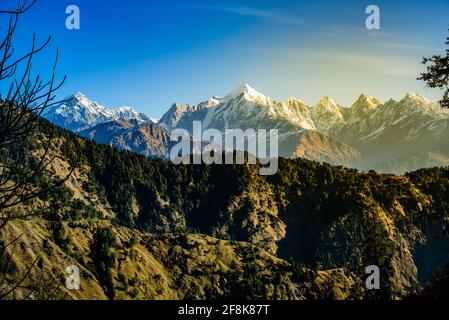 Blick auf die schneegedeckten Panchuli-Gipfel fällt in den großen Himalaya Bergkette & alpine Graswiesen auf dem Weg nach Khalia Top trekk Trail bei Small hamle Stockfoto