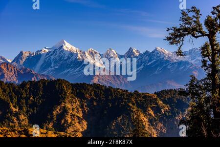 Blick auf die schneegedeckten Panchuli-Gipfel fällt in den großen Himalaya Bergkette & alpine Graswiesen auf dem Weg nach Khalia Top trekk Trail bei Small hamle Stockfoto