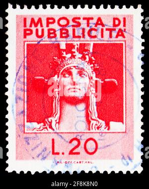 MOSKAU, RUSSLAND - 7. OKTOBER 2019: Briefmarke gedruckt in Italien zeigt Steuer für Werbung, Bologna, 20 italienische Lira, um 1958 Stockfoto