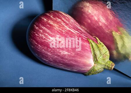 Gestreifte Aubergine auf blauem Hintergrund Stockfoto