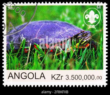 MOSKAU, RUSSLAND - 10. NOVEMBER 2019: Briefmarke gedruckt in Angola (Cinderellas) zeigt Schildkröte, Serie, um 2000 Stockfoto