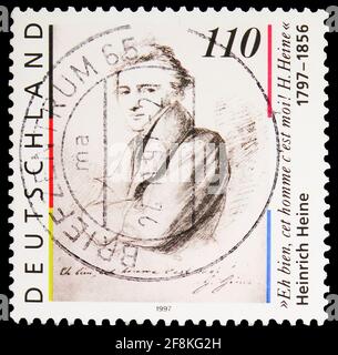 MOSKAU, RUSSLAND - 10. NOVEMBER 2019: Die in Deutschland gedruckte Briefmarke zeigt Heinrich Heine (1797-1856), Dichter und Publizist, Geburtstag Heinris Stockfoto