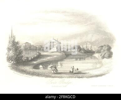Kupferstichblatt der Schweizer Brücke im Birkenhead Park, Wirral 1847 Stockfoto