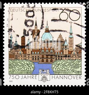 MOSKAU, RUSSLAND - 10. NOVEMBER 2019: Die in Deutschland gedruckte Briefmarke zeigt Hannover, Serie, um 1991 Stockfoto