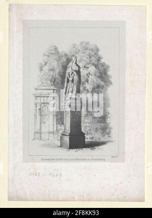 Luise Henriette, Prinzessin von Oranien, Gräfin von Nassau Ihr Denkmal (Bronzegas von Friedrich Wilhelm Wolff 1858) vor dem Schloss Oranienburg: Vollfigur steht auf hohen Sockeln, halb rechts in Lithographie mit Grenze wiedergegeben; ohne Bezeichnung; unten deutsches Bein., rechte Seitennummerierung. Chinapieren auf Teilblatt. Stockfoto