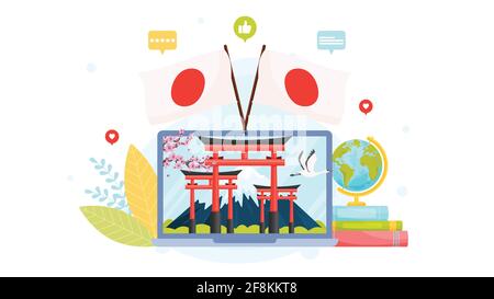 Japanisches Sprachzentrum. Online-Schulkonzept. Flaches Design, Vektorgrafik. Stock Vektor