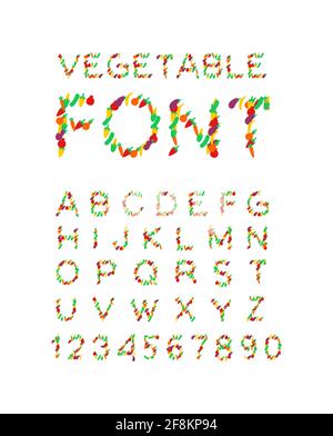 Gemüseschrift. Vegetarisches Alphabet. Briefe aus Gemüse ABC. Mais und Gurke. Pfeffer und Auberginen Stock Vektor