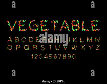 Gemüseschrift. Vegetarisches Alphabet. Briefe aus Gemüse ABC. Mais und Gurke. Pfeffer und Auberginen Stock Vektor