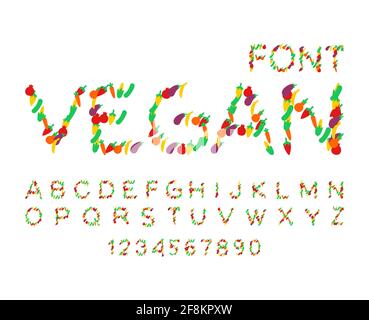 Gemüseschrift. Vegetarisches Alphabet. Briefe aus Gemüse ABC. Mais und Gurke. Pfeffer und Auberginen Stock Vektor