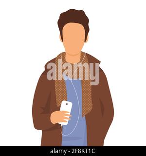 Der Junge hört Musik mit Kopfhörern. Smartphone in der Hand. Vektor-isolierte flache Illustration. Stock Vektor