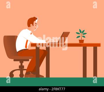 Ein Geschäftsmann in Krawatte sitzt an einem Tisch und arbeitet an einem Laptop. Vektorgrafik Cartoon-Illustration Stock Vektor