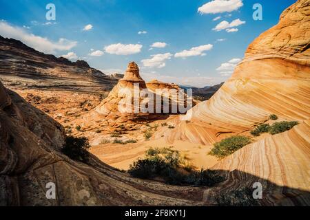 Bei den erosionsgeformten Teepissen in Coyote Buttes handelt es sich um gekreuzten äolischen jurassischen Navajo-Sandstein. Paria Canyon-Vermillion Cliffs Wilderness Area, Vermili Stockfoto