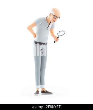 3d-Senior-Mann, der durch die Lupe schaut, Illustration isoliert auf weißem Hintergrund Stockfoto