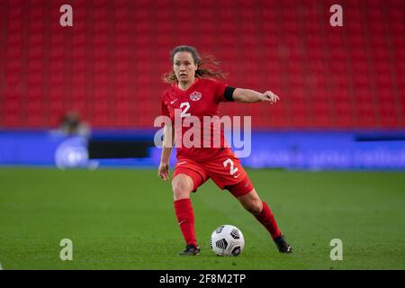 Stoke on Trent, Großbritannien. April 2021. Allysha Chapman (Houston Dash) von Canada Women während des Internationalen Freundschaftsspiel, das am 13. April 2021 hinter verschlossenen Türen zwischen England Women und Canada Women im Britannia Stadium, Stoke-on-Trent, England, gespielt wurde. Foto von Andy Rowland. Quelle: Prime Media Images/Alamy Live News Stockfoto